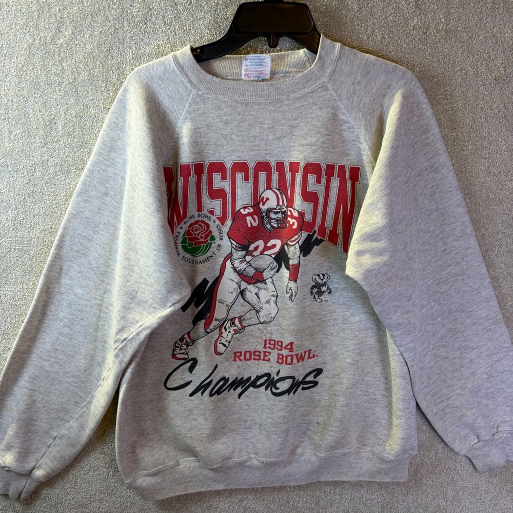 Vtg Wisconsin Badgers 1994 Rose Bowl Sweatshirt Men XL Grey Hanes Raglan USA SEE - Picture 2 of 12